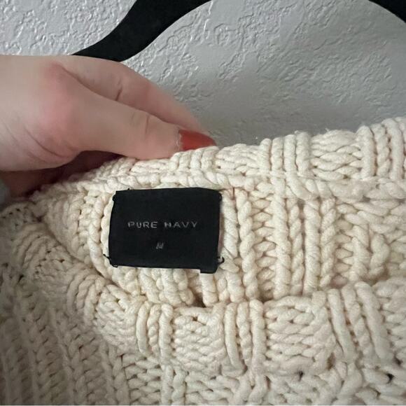 Pure Navy Cream Ribbed Merino Wool Crewneck Sweater - Picture 4 of 6